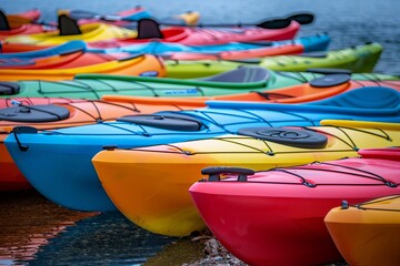 Colourful kayaks on the river close up