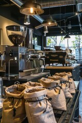 Fototapeta na wymiar A modern urban roastery with gleaming espresso machines, bags of freshly roasted coffee beans, and an aroma of freshly ground coffee filling the air, Generative AI