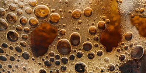 Detailed macro image presenting the rich amber color and the effervescent bubbles of beer, connoting leisure and enjoyment