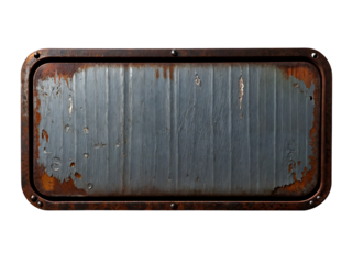 Blank rusted metal plate on a transparent background. PNG image of a blank metal signboard covered in rust.