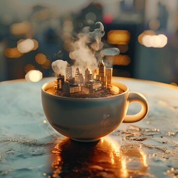 Miniature cityscape emerging from a steaming coffee cup against a blurred city background