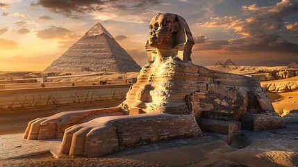 The iconic Great Sphinx by the majestic Pyramids of Egypt, standing sentinel in the sands of the Giza desert
