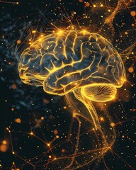 Fototapeta premium Detailed illustration of a shimmering golden brain, neural connections lit up, symbolizing deep cognitive activities in scientific exploration