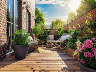 Fototapeta na wymiar Beautiful modern terrace with wooden floor and fence, green flower plants in pots and outdoor furniture. Cozy relaxation area in the house.