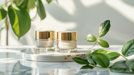Gold Cosmetic Jars with Leaves on Marble Table