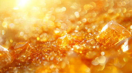 Background with yellow crystals. Yellow glass crystals with reflections of light. Abstract...