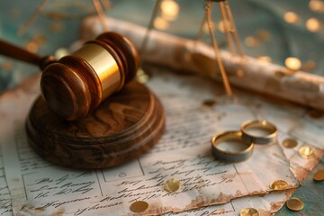 Wooden judge gavel and wedding rings on old testament and last will - obrazy, fototapety, plakaty