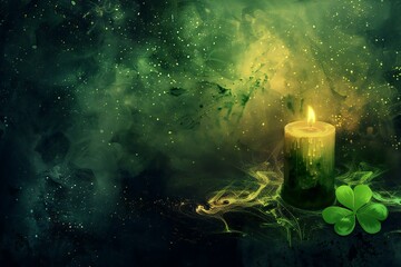 St,  Patrick's Day background with candle and four-leaf clover - obrazy, fototapety, plakaty