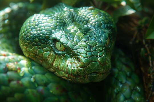 Close up of the head of a green snake in the forest