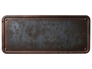 Blank rusted metal plate on a transparent background. PNG image of a blank metal signboard covered in rust.