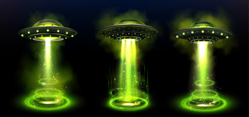 Green ufo spaceship with beam 3d effect vector. Space alien saucer ship technology and fantasy ray glow for energy glitter portal podium. Magic hologram with neon spotlight for future invasion © klyaksun
