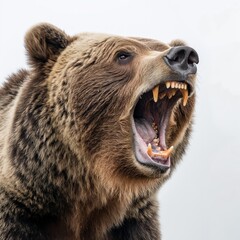 Close-up of a roaring brown bear with an open mouth, displaying its teeth against a pale background.
