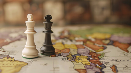 Geopolitics concept image with two chess pieces on a world map representing geopolitical discussion and movement between countries and continents