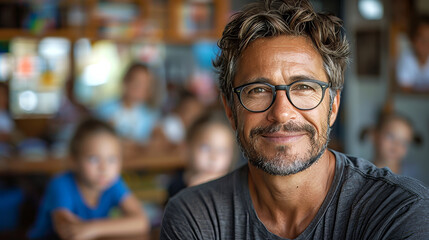 Fototapeta premium Portrait of a man schoolteacher in his classroom with kids in blurred background , male teacher photo for back to school time