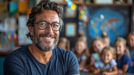 Portrait of a man schoolteacher in his classroom with kids in blurred background , male teacher photo for back to school time - Powered by Adobe