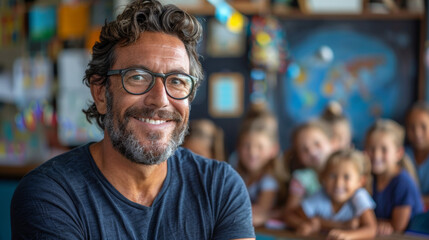 Fototapeta premium Portrait of a man schoolteacher in his classroom with kids in blurred background , male teacher photo for back to school time