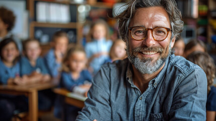 Portrait of a man schoolteacher in his classroom with kids in blurred background , male teacher photo for back to school time - Powered by Adobe