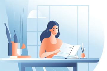 Young woman reading a book at home. illustration in flat style