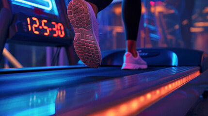 Woman walking on a inclined treadmill at the speed of 5 km per hour for 30 minutes , 12-5-30 workout concept image