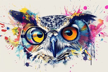 artwork of owl portrait wears monocles with multi colored watercolor splash and stroke - obrazy, fototapety, plakaty