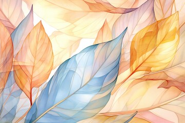 Abstract background with blue and orange autumn leaves on a white background - obrazy, fototapety, plakaty