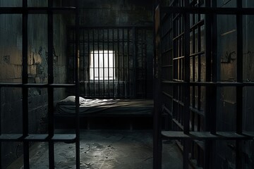 Empty prison cell, featuring iron bars, a simple bed, and sparse surroundings