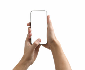 Man using smartphone with blank screen isolated on white, closeup. Mockup for design