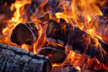 Intense bonfire with burning wooden logs, fire close up, wallpaper background