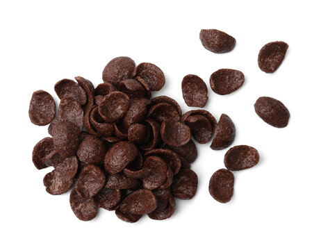 Breakfast cereal. Tasty chocolate corn flakes isolated on white, top view
