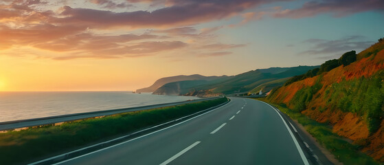 Panorama of Highway landscape at sunset. Road view on the sea. Seascape with beautiful roadway view on ocean beach. Coastal road