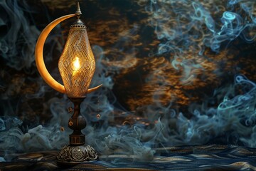 Lantern with burning candle on dark background,  Ramadan Kareem concept