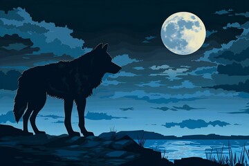 Silhouette of wolf in the night landscape,  Vector illustration