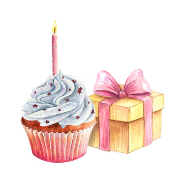 Cupcake present box candle watercolor drawing. Birthday vanilla muffin cream. Cake dessert card party illustration. Greeting invitation aquarelle. Isolated white background