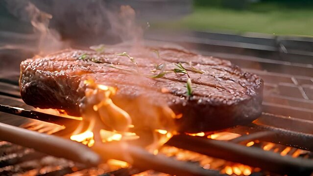 BBQ or barbeque steak ribbes on top of a grill place. It is good activity for spring and summer time. BBQ party meat on the grill in the summer outside. Close up on flames burning and cooking the stea