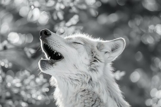 Portrait of a white wolf in the forest,  Black and white photo