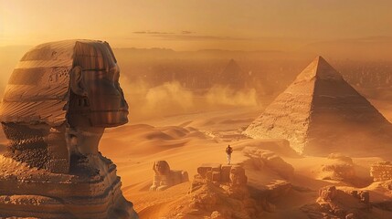 The iconic Great Sphinx by the majestic Pyramids of Egypt, standing sentinel in the sands of the Giza desert - obrazy, fototapety, plakaty