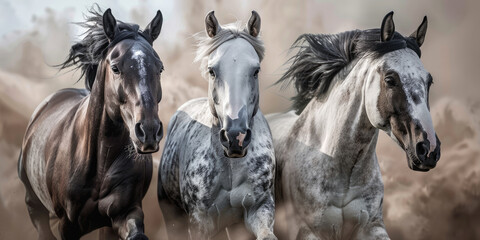 horses galloping side by side, one grey and two white with black manes, dust in the air