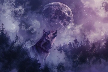 Wolf howling at the full moon in the night forest,  Halloween background
