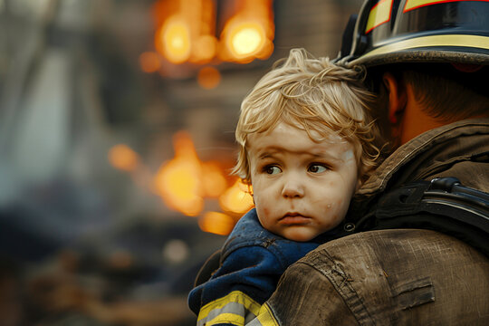 A fireman rescues a small child from a burning house