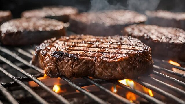 BBQ or barbeque steak ribbes on top of a grill place. It is good activity for spring and summer time. BBQ party meat on the grill in the summer outside. Close up on flames burning and cooking the stea