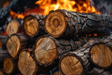 Stack of wooden logs near the bonfire, raw material for the fire, wallpaper background