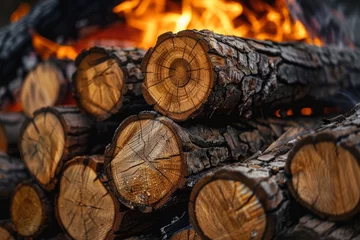  Stack of wooden logs near the bonfire, raw material for the fire, wallpaper background © Radmila Merkulova