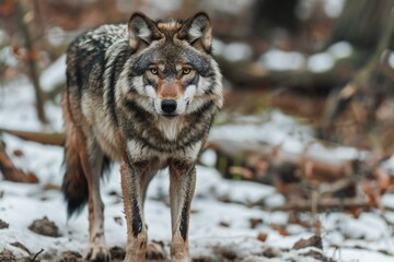 Portrait of a wolf in winter forest,  Animal in nature