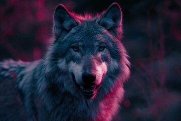 Portrait of a wolf in the night forest,  Toned