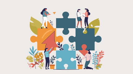Teamwork Builds Success: People Collaborating to Assemble Rising Arrow Puzzle, Cooperation and Unity Leading to Achievement, Growth and Progress Through Joint Effort and Determination, Vector Illustra