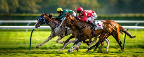 Foto op Canvas Dynamic capture of horse racing action with jockeys striving to win in a high-stakes competition © amazingfotommm