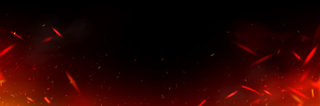 Red fire and smoke overlay with flame spark glow on black background. 3d abstract hot flying ember shine. Realistic apocalypse heat fog. Bright bonfire flake particle motion corner panorama frame