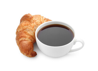 Fresh croissant and coffee isolated on white. Tasty breakfast