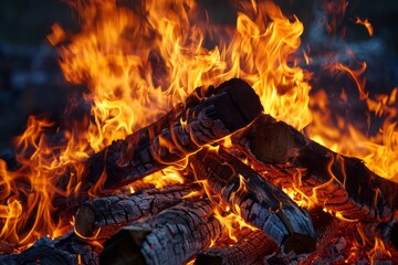 Intense bonfire with engulfed wooden logs, fire close up, wallpaper background