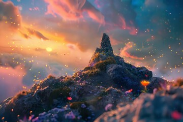 Enchanting depiction of the Little Prince's asteroid home, complete with its tiny volcanoes and sunsets.  - obrazy, fototapety, plakaty